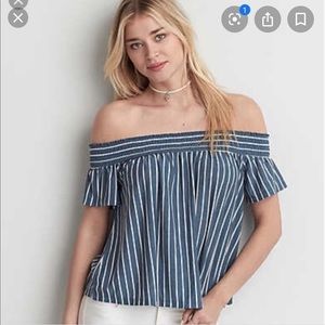 *4/$24* AE Blue Striped Off The Shoulder Top